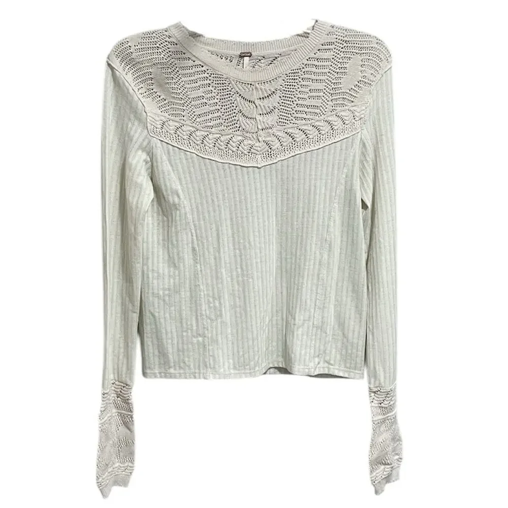Free People Colette Pointelle Knit Top Size Small Neutral Beige Lace Neck Cuffs